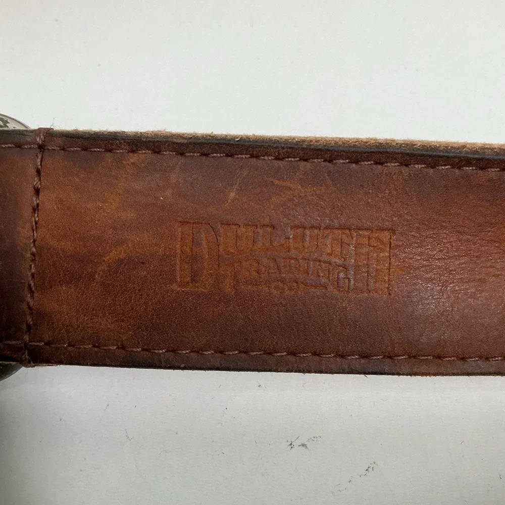 Men's Duluth Belt Brown Leather Tan‎ Canvas Striped Size 46  style 41719  Y2K
